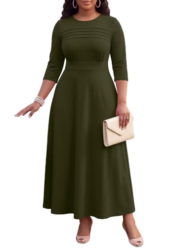 Image of FANDEE Fit-and-Flare Maxi Dress Round Neck Pleated Front Side Pockets | Front pleats soft flatter your bust shape; Empire Waist lengthen your figure; 3 /4 sleeves round neck suit for many occasions