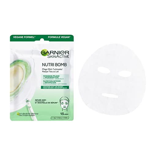 Garnier Cloth Mask, Face Mask for Dry and Exciting Skin, Intensive Care and Regeneration, Vegan Formula with Almond Milk and Hyaluronic Acid, Nutri Bomb, 28 g - Image 3