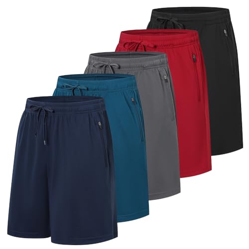 Cimic 5 Pack Mens Athletic Shorts Quick Dry Gym Running Workout Basketball Shorts for Men with Zippered Pockets