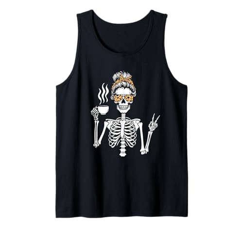 Skeleton Messy Bun Coffee Drinking Halloween for Women Girls Tank Top