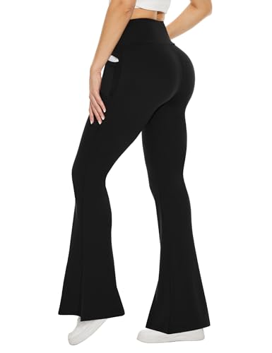 TNNZEET Women’s Flare Yoga Pants with Pockets, High Waisted Workout Black Bootcut Leggings