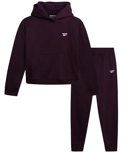 Reebok Girls Sweatsuit Set - 2 Piece Soft Long Sleeve Hoodie Sweatshirt and Sweatpants for Girls - Athletic Sweatsuit, Size 7, Plum