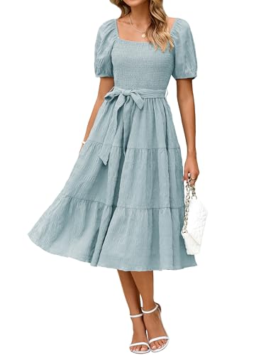 BerryGo Women's Summer 2025 Casual Smocked Midi Dress Square Neck Modest Puff Sleeve Flowy Beach Dress Blue Green S