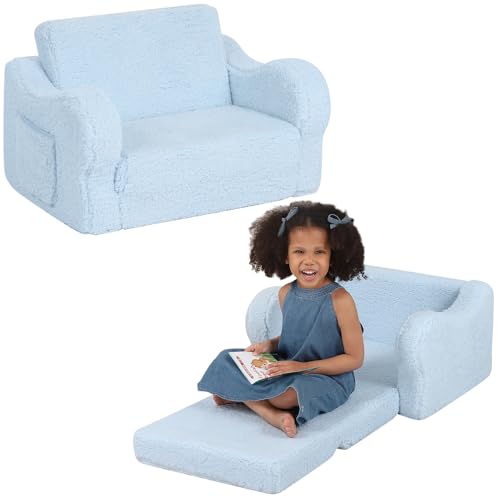 Image of BestRoyal Comfy Toddler Chair, 2-in-1 Toddler Couch Fold Out, Convertible Sherpa Sofa to Lounger for Boys & Girls, Blue