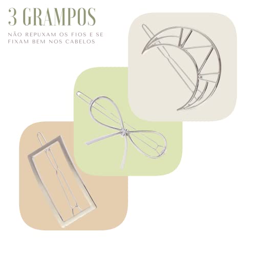 Grampo de cabelo feminino metálico minimalista 3 peças Prata (C)