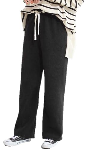 [Bobo & Hanhan] 裏ボア ワイドパンツ あったか ウエストゴム ゆったり 着やせ 寒さ対策 レディース ロング コ－デュロイパンツ 裏起毛パンツ ワイドパンツ 冬 ボトムス ストレート 防寒着 防寒着 (JP, アルファベット, 4L, 黒) - Bobo & Hanhan - 商品画像