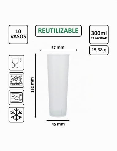 500 Unidades - Vaso Tubo PLÁSTICO (PP) 300ml. IRROMPIBLE TRANSLÚCIDO - Granel - Precio Unidad 0,098€
