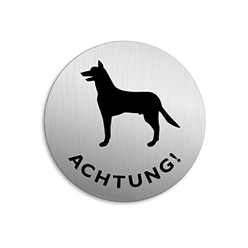 Schild Achtung Hund Ø 75 mm Aluminium Türschild Edelstahloptik Nr.39014-K