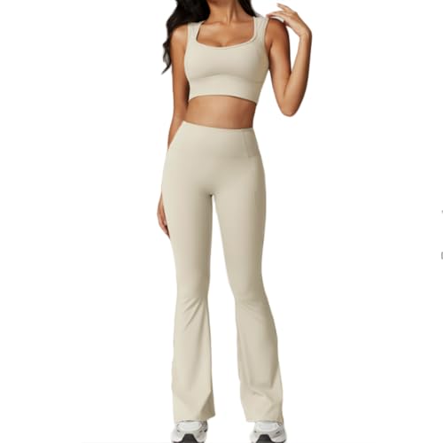 JPXJGT Women Active Wear Set Gym Outfit Yoga Sets Workout Clothes Gym Fitness Scrunch Butt (Size:L,Color:Almond)