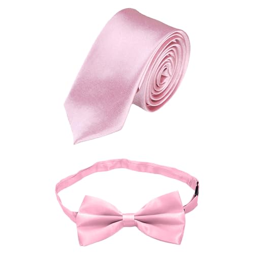 Immagine prodotto: KSBBHDS 1 Cravatta Rosa Con 1 Papillon Rosa, Cravatta in Raso Tinta Unita, Cravatta Stretta Tinta Unita 5 Cm, Cravatta Formale Da Uomo, Adatta per Banchetti, Matrimoni, Riunioni Di Lavoro