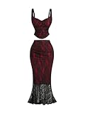 SOLY HUX Women's Floral Lace Skirt Set 2 Piece Sleeveless Top and Bodycon Fishtail Skirts Summer Coquette Outfits Red and Black X-Small