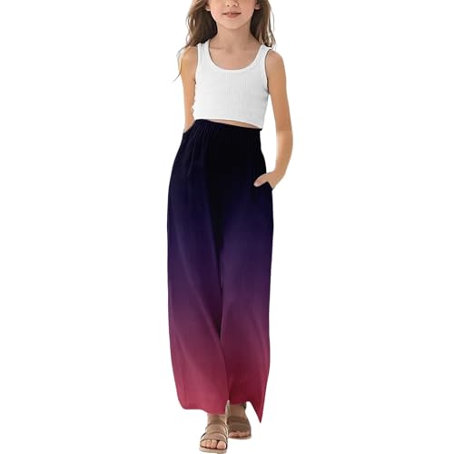 Girls Cotton Linen Pants Summer Gradient Elastic High Waist Straight Pants Teen Loose Casual Lightweight Pockets Flowy Trousers Teen Beach Vacation Palazzo,Dark Purple, Size 3-4 Years
