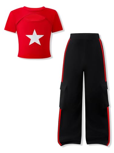 Vitalique Girls Clothes 2 Pcs 13 14Y Cut Out Slim T-Shirt Star Print Top Striped Wide Leg Cargo Pants Cool Spring Summer Y2K Clothing Set Red(13-14Y)