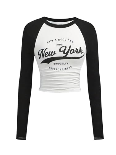 COZYEASE Girl's Color Block Graphic Tees Long Sleeve Crew Neck T-Shirt Ruched Fitted Tops