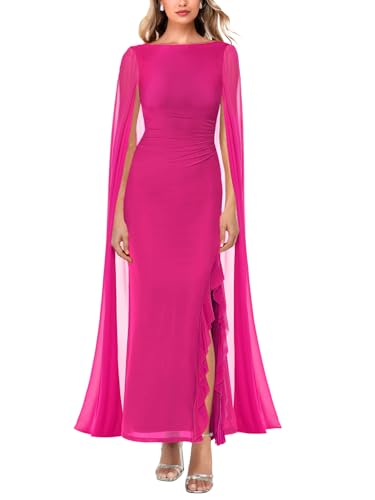 MAYFASEY Women's Bodycon Maxi Dress Sexy Sheer Long Sleeve Ruffle High Split Sexy Stretch Mesh Double Lined Formal Long Dress Rosy M
