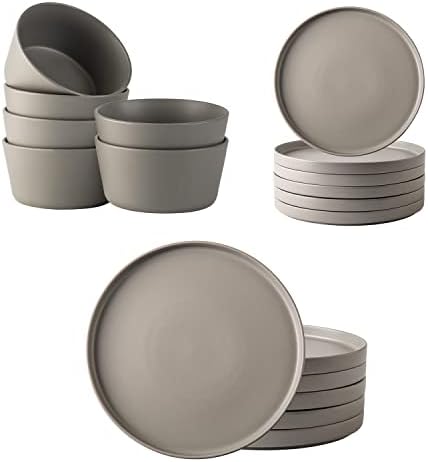 AmorArc Ceramic Dinnerware set (18pcs), Stoneware Plates and Bowls Set,Highly Chip and Crack Resistant | Dishwasher & Microwave Safe, Matte Grey