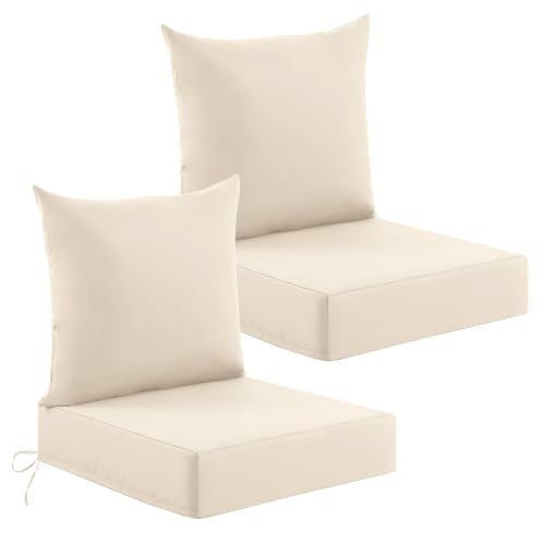 CasaRomild Deep Seat Patio Cushions Set of 2, 24x24x5.75 Inch, Waterproof Outdoor Chair Cushions, Fade Resistant Patio Furniture Cushions with Ties for Couch, Sofa, Lawn, Outside, Beige