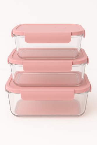 Image of Borosilicate Lunch Box Set of Airtight & Leak-Proof Tiffin Box for Office, School, Men & Women (Light Blue Colour) (Pink, 3 Piece 680 ml)