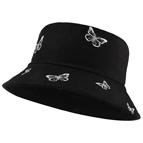 Umeepar Embroidered Bucket Hat Reversible Packable Foldable Beach Sun Hat Outdoor Cap for Women Men (Butterfly Black/Plain Black) Cover