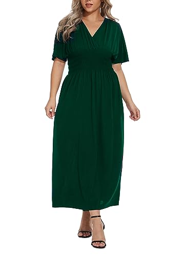 Image of OSTOO Women's Plus Size Hawaii Empire Waist Bat Short Sleeve Casual Floral Print Boho Maxi Dress(Dark Green,XXL