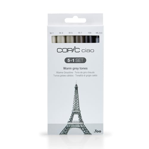 COPIC Ciao Marker 5+1 Set Warme Grautöne, 5 Allround-Layoutmarker mit einer mittelbreiten und einer Brush-Spitze, inkl. 1 Multiliner 0,3 mm