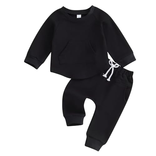 Image of Thorn Tree Toddler Baby Boys Fall Outfits Long Sleeve Pull On Sweatshirt Elastic Waist Pants 2Pcs Solid Clothes Set