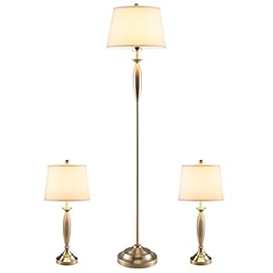 Tangkula 3 Pack Lamp Set, 2 Table Lamps & 1 Floor Lamp, 3-Piece Modern Lamp Set, Weighted Base & Eye-Protecting Lamp Shade, Ideal for Bedroom, Living Room, Study, 3 x E26 Bulbs Required (Nickle)