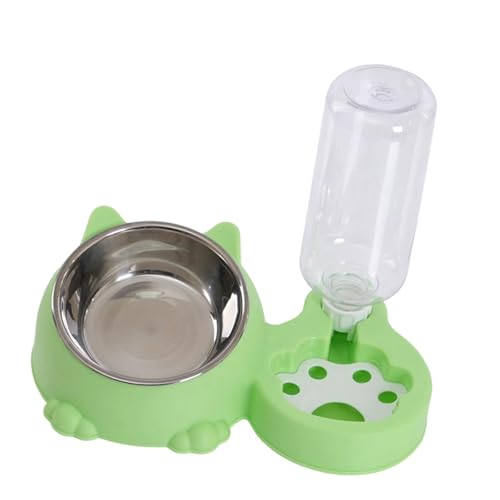 Leefasy Food and Water Feeder Tilted Raised Cat Bowl Unique with Automatic Water Bottle Cat Food Bowl for Pet Small Medium Dogs Cats, Green