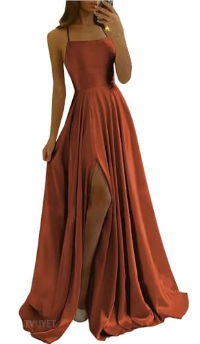 Image of Tvuyet Satin Prom Dresses Long with Pockets Spaghetti Straps A Line Bridesmaid Dresses with Side Slit Ball Gown