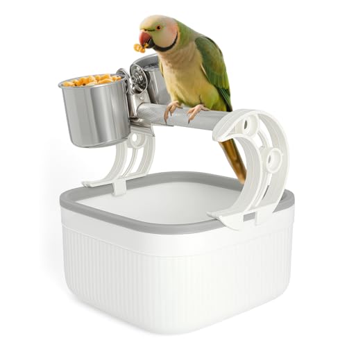 Image of Bird Desktop Training Stand with Detachable Stainless Steel Double Bowls Feeder, Easy Clean Portable Bird Perches Stand with Detachable Base for Parakeets, Small-Sized Birds, Parakeet Cage Accessories