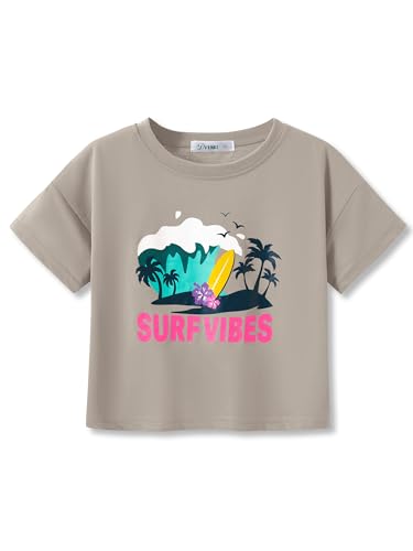Dvenki Classic Gray Surf Vibes Girl Crop Tops - Summer Crewneck Tees Trendy Grahic T-Shirts Size 12/14