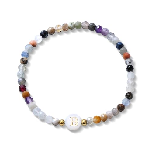 BodyBonita Pulsera elástica con inicial de piedra natural y cuentas de nácar...