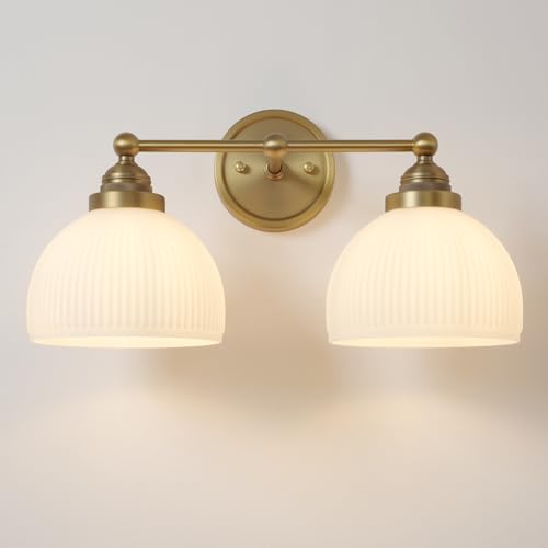 SongCiLT 2-Lights Milk White Glass Wall Sconce Lighting Brass Finished, Double Arm Bathroom Vanity...