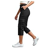TianGiKi Womens Cargo Pants Slim Fit Elastic High Waist Straight Leg Capri Pant with Pockets Summer Fashion Outdoor Trousers Black