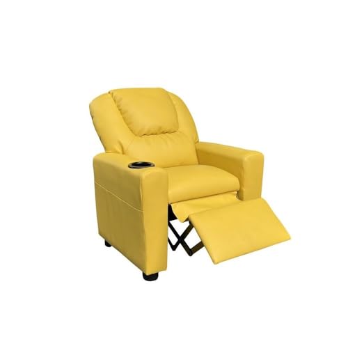 Image of Furnifact Marisa Yellow PU Leather Youth Recliner with Cupholder for Kids 142 inch Seat Height 14 inch Width 106 inch Depth Bright and Fun for a Warm Lifestyle