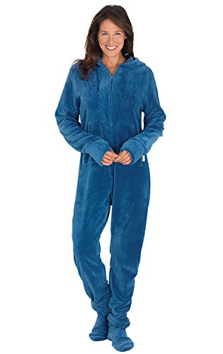 PajamaGram Women Footie Pajamas Adult - One Piece Pajamas for Women Blue MD 8-10