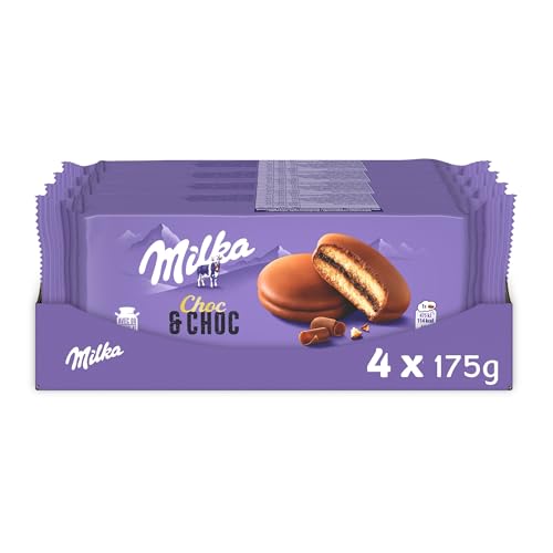 MILKA - Choc & Choc - Lot de 4 Sachets de Gâteaux Choco & Choc - Génoises Moelleuses, Cœur...