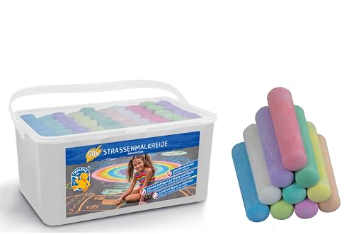 PUSTEFIX MALEFIX Straßenmalkreide 50er Packung I Malkreide für Kinder und Erwachsene I Vielfalt an Farben I Leuchtend und Kräftig I Wasserlösliche und hochwertige Kreide I für Straße u. Hof