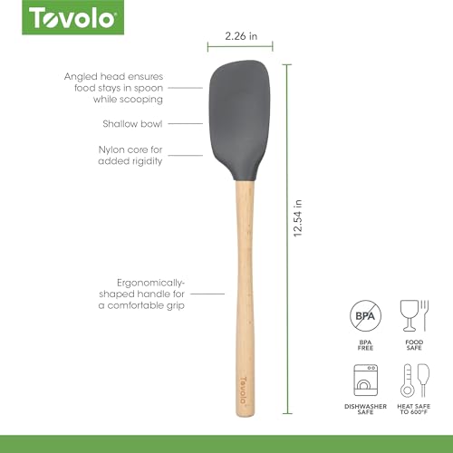 Tovolo Silicone Spoonula Silicone Spoon Spatula With Wooden Handle for Cooking Mixing Baking, Large Heat Resistant Multifunction Spatula Cooking Spoon Wood Handle Kitchen Utensil Charcoal Gray