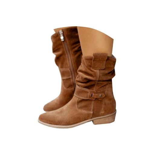 Women's Wide Width Ankle Boots Low Heel Slouchy Mid Calf Booties Cowboy Cowgirl Casual Round Toe Boots with Side Zipper Riding Combat Boot Comfortable Pull On Shoes for Fall Winter - Main Image