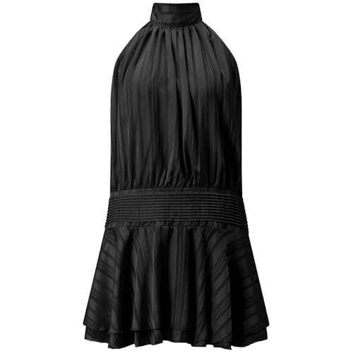 Image of Women's 2026 Summer Halter Dress Sleeveless Open Back Ruffle Tiered Layered Chiffon Pleated A Line Swing Mini Dress