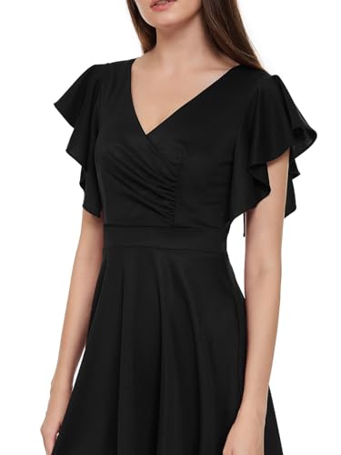 Women's Cocktail Dress Wrap V Neck Ruffle Short Sleeve A Line Work Formal Wedding Guest Midi Dress with Pockets - Image 5