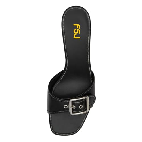 FSJ Women Low Kitten Heel Mules Comfortable Square Open Toe Slip On Sandals Studs Buckled Strap Slides Summer Fashion Slippers Size 4-16 US3