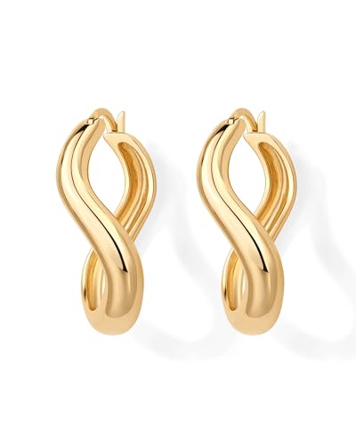 PAVOI 14K Gold Plated Sterling Silver Posts Chunky Wavy Hoop Earrings for Women | Lightweight Statement Twisted Endless Wave Hoops Earrings3