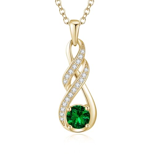 LOCIBLO May Birthstone Necklaces for Women 925 Sterling Silver Infinity Pendant 18K Gold Plated Green Synthetic Emerald Necklace Jewellery for Her, 16"+2"
