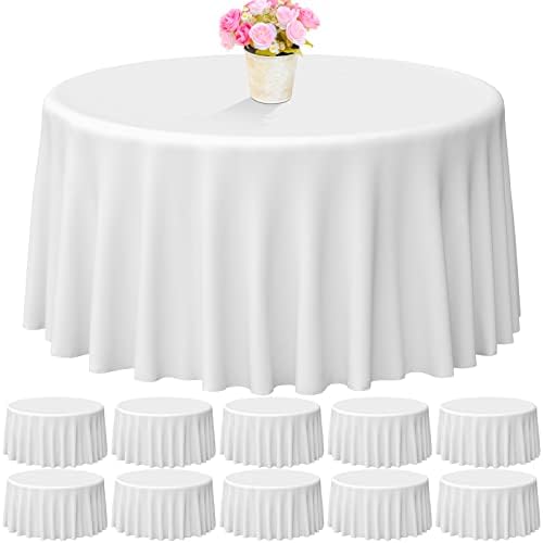 Oudain 10 Pcs Round Tablecloth Bulk Washable Polyester Table Cloth Wrinkle Resistant Stain Proof Table Cover for Wedding Reception Restaurant Banquet Dining Table Buffet Party (White, 120 Inch)