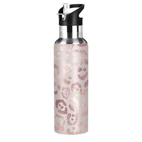 MNSRUU Insulated Water Bottle with Straw, Rose Gold Leopard Stainless Steel Flasks for Sports Cycling Hiking School