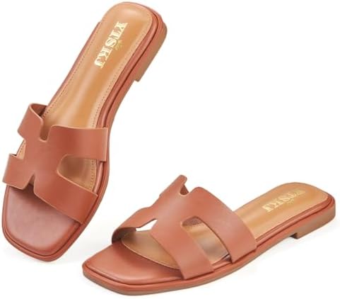 Sandals for Women 2025 Dressy Cute Summer Flat Slides Comfortable Soft Leather for Ladies Casual Square Open Toe Slip On Beach Sandals