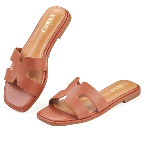 YTSKJ Sandals for Women 2025 Dressy Cute Summer Flat Slides Comfortable Soft Leather for Ladies Casual Square Open Toe Slip On Beach Sandals Brown 9