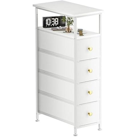 YILQQPER Narrow Dresser for Bedroom, Vertical Chest of Drawers with Shelf & 4 Drawers, Slim Dresser Storage Tower with Wood Top, Sturdy Frame, Leather Faux for Narrow Space, Bathroom&Laundry(White) Cover